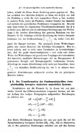 § 9. Zur Transformation der Fundamentalgrößen eines gleichmäßig bewegten statischen materiellen Systems.