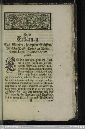 Kurtze Erklärung Des Wunder-hochfürtrefflichsten, köstlichsten Wasser-Steins der Weisen, sonsten Lapis Philosophorum genant