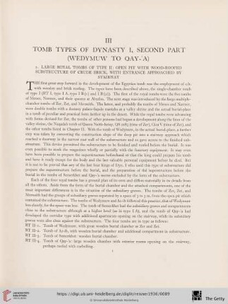 III. Tomb types of Dynasty I, second part (Wedymuw to Qay-'a)