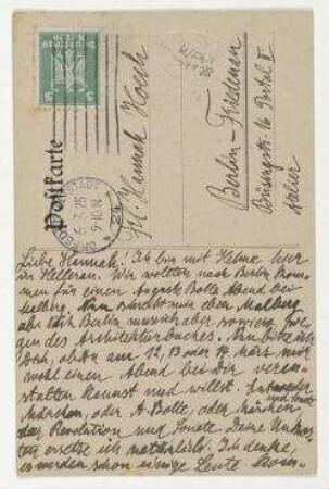 Postkarte von Kurt Schwitters an Hannah Höch mit Abbildung: "Kurt Schwitters, Stilleben mit Abendmahlskelch; 1909." Hannover