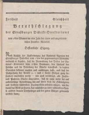 Berathschlagung des Straßburger Distrikt-Direktoriums ...