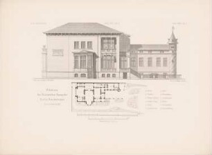 Wohnhaus des Baumeisters Hennike, Berlin: Grundriss EG, Pflanzplan, Ansicht Garten (aus: Architektonisches Skizzenbuch, H.126/3, 1874)