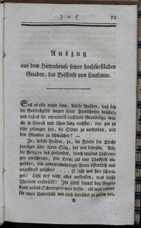 Auszug aus dem Hirtenbriefe seiner hochfürstlichen Gnaden, des Bischofs von Lausanne.