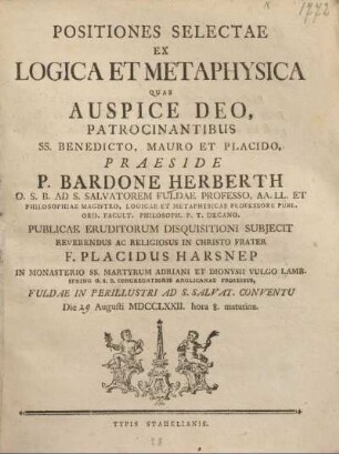 Positiones selectae ex logica et metaphysica