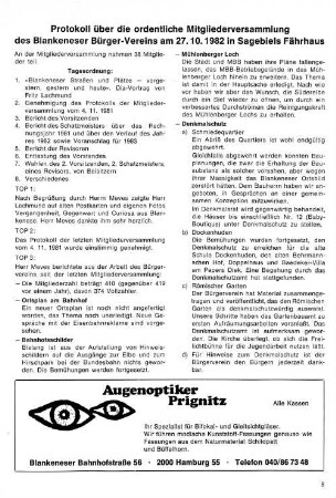 Protokoll über die ordentliche Mitgliederversamlung des Blankeneser Bürger-Vereins am 27. 10. 1982 in Sagebiels Fährhaus