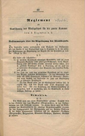 Reglement zur Ausführung des Wahlgesetzes für die zweite Kammer vom 6. Dezember d. J.