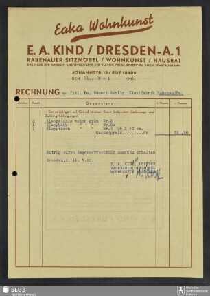 Eaka Wohnkunst, E.A. Kind, Dresden-A. : Rechnung