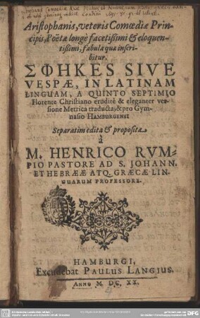 Aristophanis ... Fabula quae inscribitur Sphēkes sive Vespae