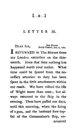 LETTER III. - Ship Morant, British Channal, July 17, 1780.