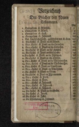 Verzeichniß Der Bücher des Neuen Testaments.