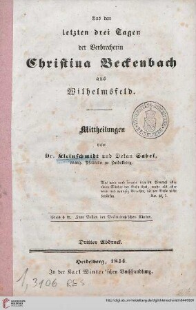Aus den letzten drei Tagen der Verbrecherin Christina Beckenbach aus Wilhelmsfeld