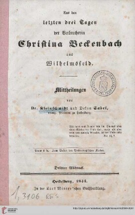 Aus den letzten drei Tagen der Verbrecherin Christina Beckenbach aus Wilhelmsfeld