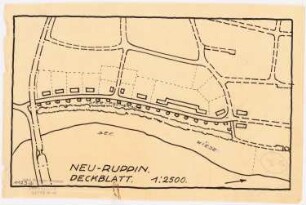 Bebauungsplan der Stadterweiterung, Neuruppin 1. Projekt. Nördliche Hälfte: Grund- und Lageplan 1:2500, zwischen Eisenbahndamm und Schneidemühle