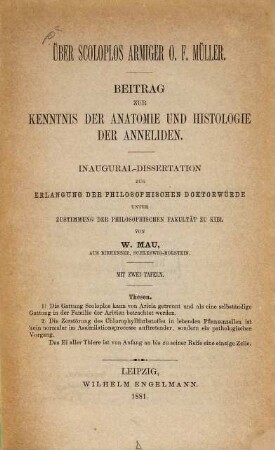 Über Scoloplos armiger O. F. Müller : Beitrag zur Kenntnis der Anatomie und Histologie der Anneliden