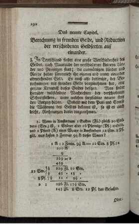 Das neunte Capitel. Berechnung in fremden Gelde, und Reduction der verschiedenen Geldsorten auf einander.
