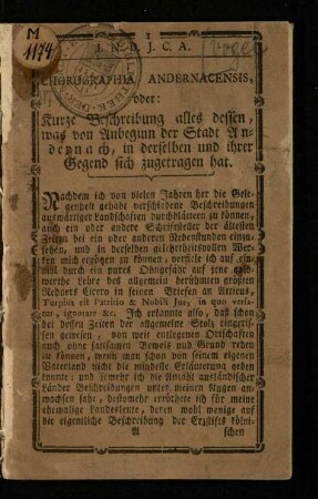 Chorographia Andernacensis, oder: Kurze Beschreibung alles dessen, was von Anbeginn der Stadt Andernach, in derselben und ihrer Gegend sich zugetragen hat