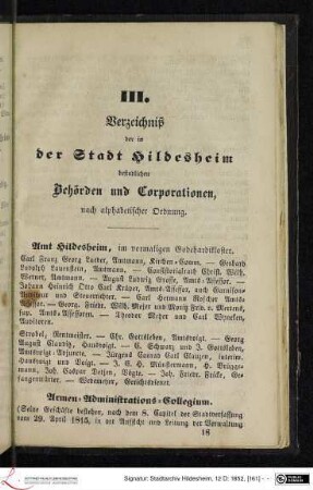 III. Verzeichniß der in der Stadt Hildesheim befindlichen Behörden und Corporationen, nach alphabetischer Ordnung.
