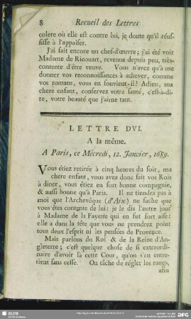 Lettre DVI. A la même. A Paris, ce Mécredi, 12. Janvier, 1689