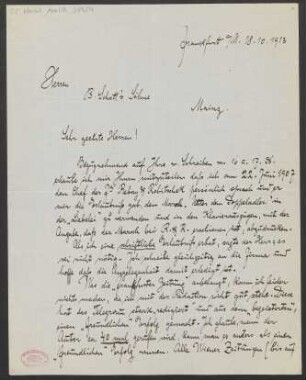 Brief an B. Schott's Söhne : 18.10.1913