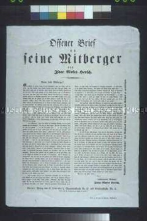 Satirisches Flugblatt (Serie): Offener Brief an seine Mitberger (I. M. Hersch's Briefe, unnumeriert); Berlin, Juni 1848