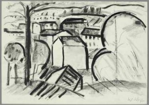 Ohne Titel [Häuser hinter Bäumen]