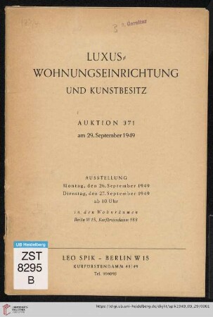 Nr. 371: Luxuswohnungseinrichtung und Kunstbesitz : Auktion ... am 29. September 1949