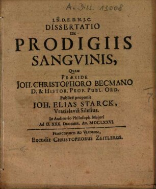 Dissertatio De Prodigiis Sangvinis