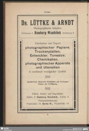 Dr. Lüttke & Arndt. Photographische Industrie Zollstraße 8 Hamburg- Wandsbek