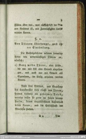 § 2. Von Thieren überhaupt, und ihrer Eintheilung