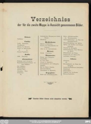 Verzeichniss der für die zweite Mappe in Aussicht genommenen Bilder.