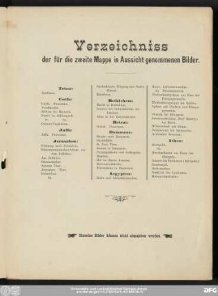 Verzeichniss der für die zweite Mappe in Aussicht genommenen Bilder.