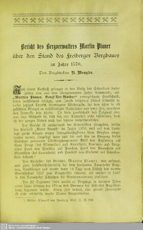 Bericht des Bergverwalters Martin Planer über den Stand des Freiberger Bergbaues im Jahre 1570