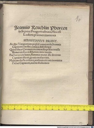 Joannis Reuchlin Phorcensis Scęnica Progymnasmata, Hoc est Ludicra praeexercitamenta ...