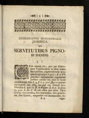 3-16, Dissertatio Inauguralis Juridica. De Servitutibus Pignori Dandis. Corollaria.