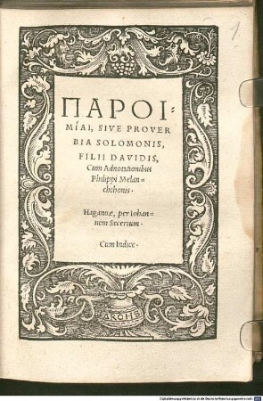 Paroimiai, Sive Proverbia Solomonis, Filii Davidis : Cum Indice