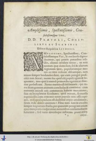 Amplissimis, Spectatissimis Consultissimisqe Viris, D. D. Praetori, Consulibus et Scabinis Urbis ac Republicae Leydensis.