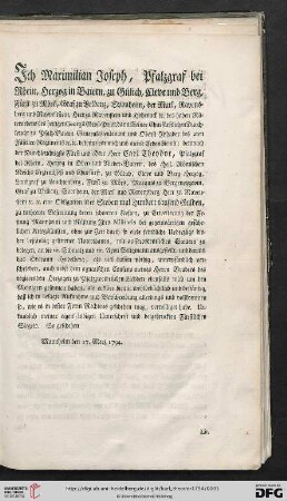 Ich Maximilian Joseph, Pfalzgraf bei Rhein [...]