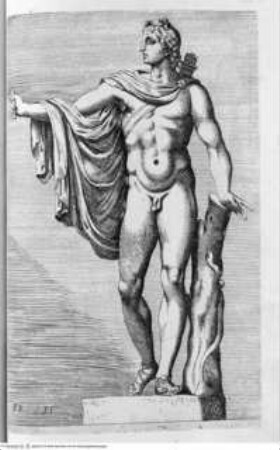 Segmenta nobilium signorum e[t] statuaru[m], quae temporis dentem invidium evasere, urbis aeternae ruinis erepta typis aeneis ab ce commissa perpetuae venerationis monumentum. (Romae) 1638 (1653)Tafel 31: Apollo Putonem iaculans - Illmo. D. D. Rogerio Duplesseis Dño. de Liancourt Marchioni de Montfort, comiti de la Rocheguion E.a. ... [Icones et] segmenta nobilium signorum et statuarum quae temporis dentem invidium evasere urbis aeternae ruinis erepta typis aeneis ab ce comissa perpetuae venerationis monumentum