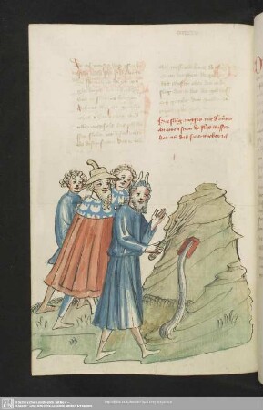 162v: kolorierte Federzeichnung: Quellwunder Moses
