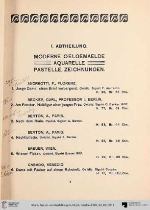 I Abtheilung. Moderne Oelgemaelde, Aquarelle, Pastelle, Zeichnungen (Nr. 1-108)