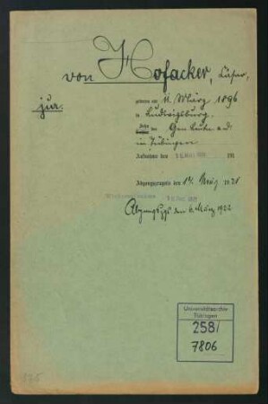 Hofacker, Cäsar von * 11.3.1896