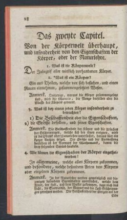 Das zweyte Capitel. Von der Koerperwelt ueberhaupt, und [...].