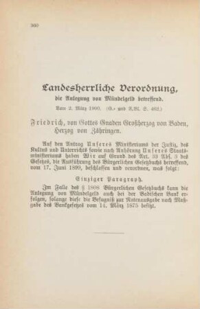 Landesherrliche Verordnung, die Anlegung von Mündelgeld betreffend. Vom 2. März 1900
