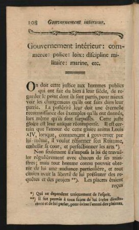 Gouvernement interieur: commerce: police: loix: discipline militaire: marine, etc.