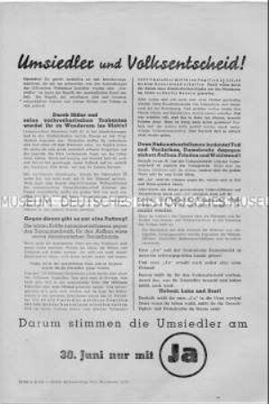 Erklärung zur Lage der Umsiedler in der sowjetischen Besatzungszone und Aufruf zur Abstimmung für die Enteignung der Nazi- und Kriegsverbrecher beim Volksentscheid 1946