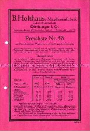 Preisliste über Dreschmaschinen