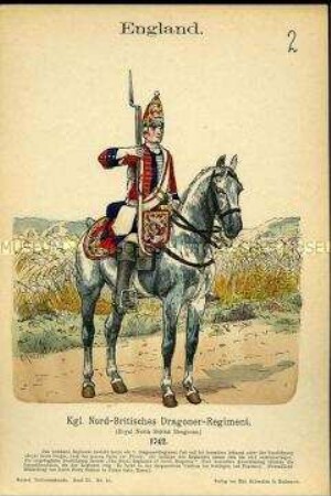 Uniformdarstellung, Gemeiner des Königlichen Nord-Britischen Dragoner-Regiments, Königreich Großbritannien, 1742.