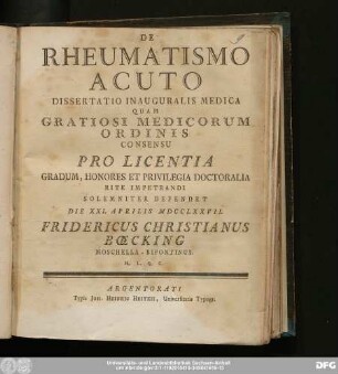 De Rheumatismo Acuto : Dissertatio Inauguralis Medica