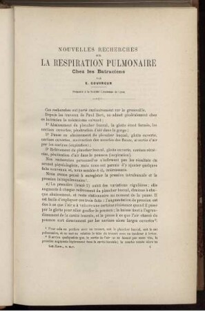 Nouvelles Recherches Sur La Respiration Pulmonaire