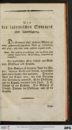 Von der lateinischen Syntaxis oder Wortfügung